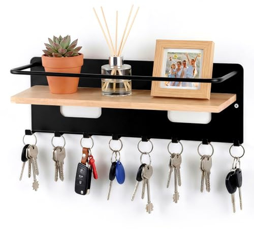 LLCS Portallaves de madera con estante, soporte decorativo para llaves, pared con 8 ganchos, tablero de madera para entrada, pasillo, salón - C