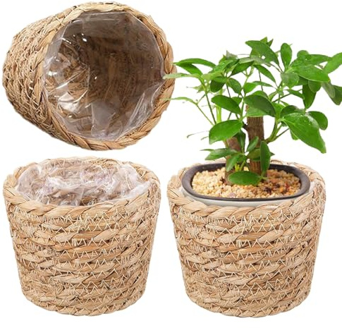 Cesto Intrecciato per Piante | 3 Pezzi Antigoccia Con Rivestimento Impermeabile - Cestino Per Fiori Intrecciato,per Casa Giardino Balcone Portico Centro Tavola Pavimento Scrivanie Librerie Uffici