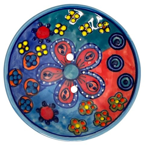 Keramik Seifenschale Daisy Design – handbemalt, Steinzeug, ø 12 cm, spülmaschinen- & mikrowellentauglich, Bunte Randfarben – stilvolle Seifenablage fürs Bad & Gäste-WC