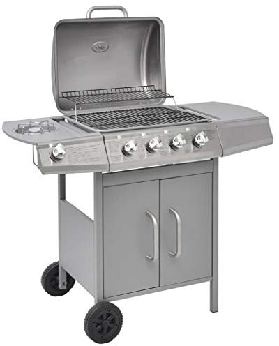 Festnight BBQ Gasgrill Barbecue-Grill Grillwagen Gas-Grill 4 Brenner +1 Seitenbrenner Silberfarben