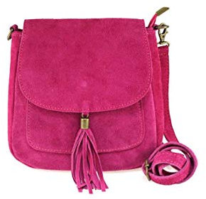 Made in Italy Damen Leder Tasche Messenger Bag Henkeltasche Wildleder Handtasche Umhängetasche Ledertasche Schultertasche Beuteltasche Fransen Cross-Over Pink