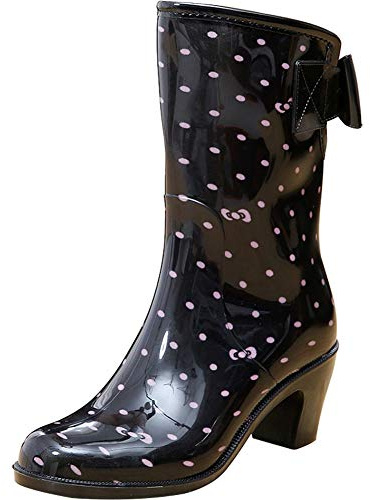 wealsex Bottes Bottine de Pluie Femme Talons Moyen Bloc 6 cm Mollets Larges Botte Caoutchouc Jardin Imperméable(Noir,S =FR 35-36)