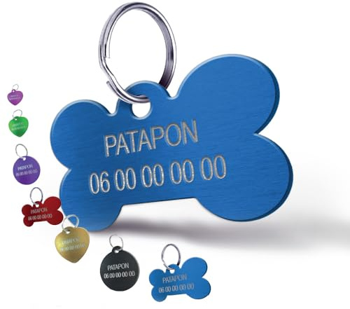 GRAVURE CONCEPT Médaille Gravée pour Chien et Chat - Petit Os-31 mm, Bleu | Médaillon d’Identification Personnalisé 2 Lignes En Aluminium Anodisé - Gravure Recto Verso avec Nom & Numéro