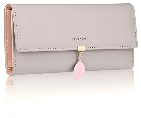 FT FUNTOR 𝐅𝐓 𝐅𝐔𝐍𝐓𝐎𝐑 PU Leather Wallet for Women RFID Blocking Ladies Leaf Pendant Coin Zipper Long 𝐏𝐮𝐫𝐬𝐞 with Multiple Card Slots and Card Holders Phone Pocket (Grey)