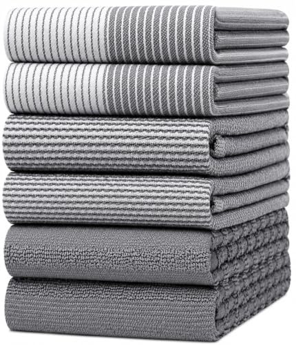 Premium Kitchen Towels (20”x 28”, 6 Pack) | Large Cotton Dish Towels | Flat & Terry Highly Absorbent Kitchen Linen Set with Hanging Loop | Gray