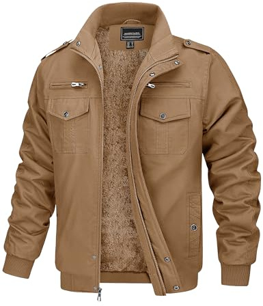 MAGCOMSEN Veste Chaude Mi-Saison Homme - Doublure en Polaire, Col Montant à Fermeture Velcro, Veste Tactique Pilote, Poches Multiples et Coupe-Vent Khaki XL