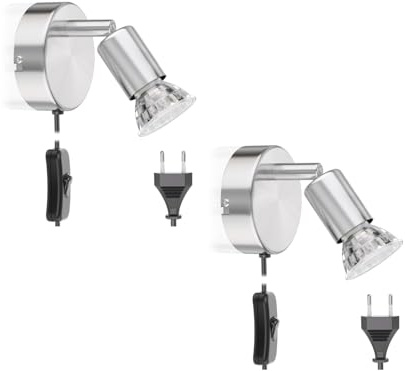 ledscom.de 2 Stück Leselampe Bettleuchte LUNARA, Schalter, Stecker, Edelstahl, chrom matt, inkl. LED GU10 Lampe (warmweiß, 2,339W, 227lm, 110°)