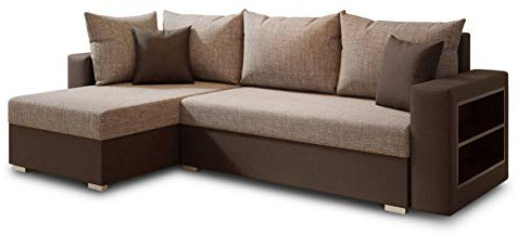 Ecksofa Lord mit Regal und Schlaffunktion - Sofa mit Bettkasten, Schlafsofa, Polsterecke, Couch L-Form, Couchgarnitur, Sofagarnitur (Braun + Beige (Dolaro 33 + Berlin 03), Ecksofa Links)