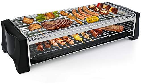 Griglia Barbecue Senza Fumo Barbecue Piastra Elettrica da Tavolo, Grill Elettrico BBQ Doppio Strato con Vassoio Raccogligrasso, Antiaderente Grill per Balcone e Giardino - 2200W