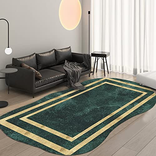 Klassischer Orientteppich, Heller geometrischer Luxusrahmen in Grüngold Kurzflor Waschbarer Anti-Rutsch Ornamente Muster Teppich 90 x 200 cm