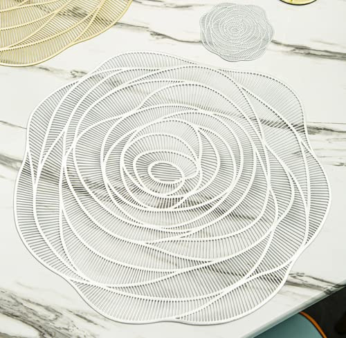 Runde Gold-Tischsets, 6 Pack Dekorative PVC-Tischsets, Hohle und Waschbar für Esstisch (Silber)