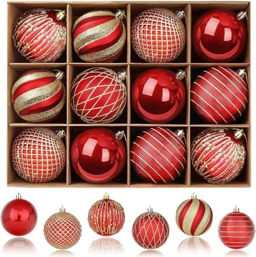 SHareconn 80mm Christmas Balls Ornaments,12PCS Colored Shatterproof Plastic Decorative Hanging Tree Decorations Baubles Set for Xmas Tree Decor Holiday Party Wedding Decoration with Lanyard,Red & Gold