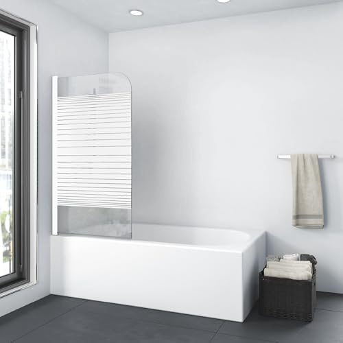 Marwell White Lines - Pare-douche 75 x 140 cm - Paroi de douche oscillante en 1 pièce blanc mat - Paroi de douche en verre de sécurité trempé de 4 mm - Pour baignoire