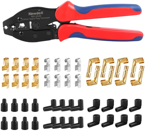 Ratchet Spark Plug Wire Crimper Set, Newdeli 25Pcs Spark Plug Crimping Tool and 180 Degree/90 Degree/Straight Spark Plug Coil Terminals Boots Set for Crimping and Stripping Spark Plug Ignition Wire