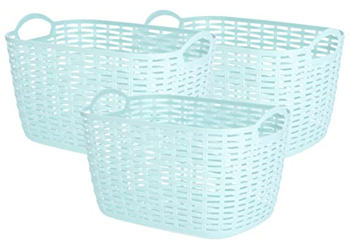 KOTARBAU® 3 x Cestas de almacenamiento, Organizador con asas, Cajas de plástico, Para cocina, oficina o baño, Cesta universal, Recipiente para ropa, Azul celeste, Estilo mimbre, Grande, 3 UNIDADES