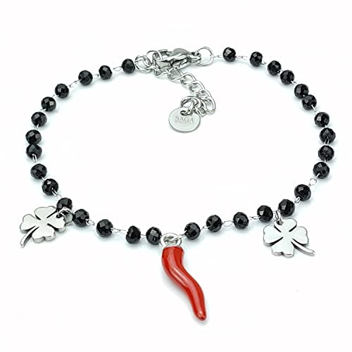 SAGA GIOIELLI Bracciale Donna Corno Rosso Portafortuna Quadrifoglio Cristalli Acciaio