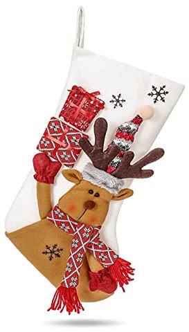 LumiSyne Weihnachtsstrumpf 49cm Groß Nikolausstiefel Weiß Plüsch Mit Thema Weihnachtsmann, Schneemann, Rentier Weihnachtssocken Geschenktüte Hängende Strümpfe Für Kamin Weihnachtsbaum Weihnachtsdeko
