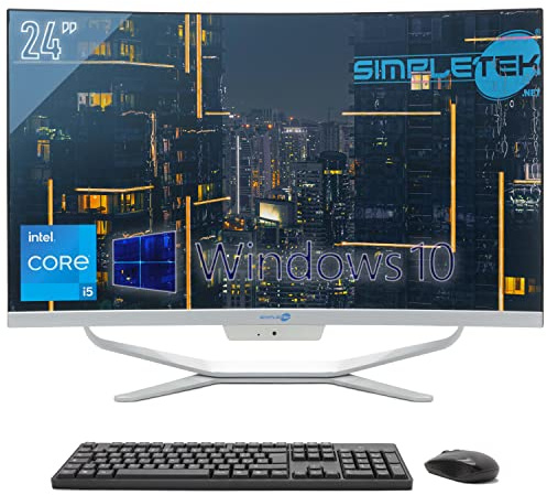 SIMPLETEK PC tout-en-un 24 Full HD Incurvé Core i5 Jusqu'à 3,30 GHz Windows 10 Pro 4 Go RAM SSD 120 Go Webcam 1080p WiFi5 BT HDMI Ordinateur fixe Aio Maison école travail