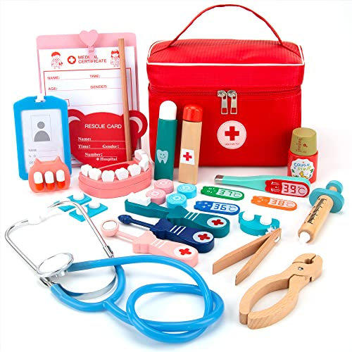 Arztkoffer Kinder Holz Spielzeug Doktor Spielset, Doktorkoffer Rot Arzt Set mit Stethoskop Zahnarzt Thermometer zum Rollenspiel Geschenk für Kinder Jungen und Mädchen ab 3 4 5 Jahre
