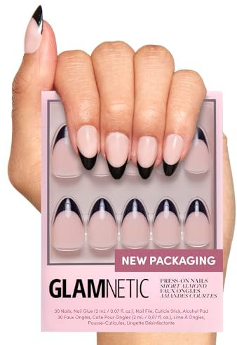 Glamnetic Press On Nails - Caviar | Semi-Transparent, Short Almond Nails, Reusable | 15 Sizes - 30 Nail Kit with Glue