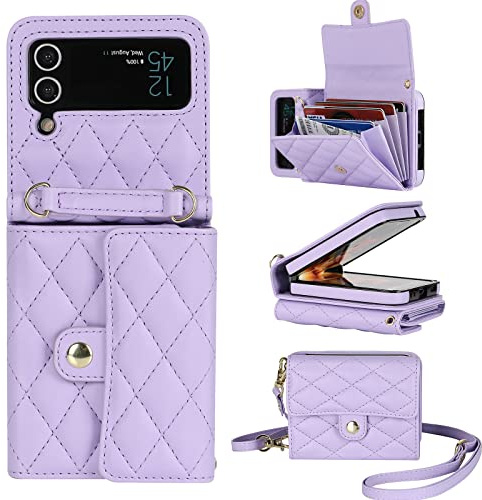 XIZYO Leather Crossbody Wallet Case for Samsung Galaxy Z Flip 4, Purple | with Adjustable Removable Lanyard Strap, with Card Slots, Solid Colour, Cute Luxury, Sturdy Shockproof, for Women Girls