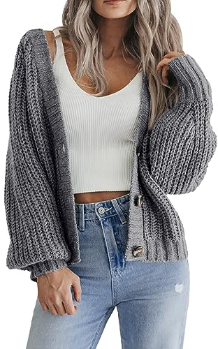 Hotouch Cardigan Femme Décontractée Douce Col en V Patte De Boutonnage Veste Décontractée Douce Printemps Automne Gris Foncé XL