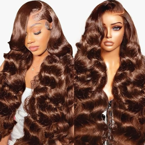 RXY Echthaar Perücke 13x4 Body Wave Braun 180% Dichte HD Lace Front Wig 100% Human Hair Wig #4 Perücke Damen mit Babyhaar Brown Human Hair for Women 16 Zoll（41cm）