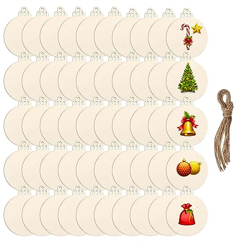 TSKDKIT 50 Stück Weihnachten Deko Holz Anhänger Runde Holzscheiben Weihnachten Holz Ornamente für Weihnachten Dekoration Handwerke Basteln Bemalen Scrapbook