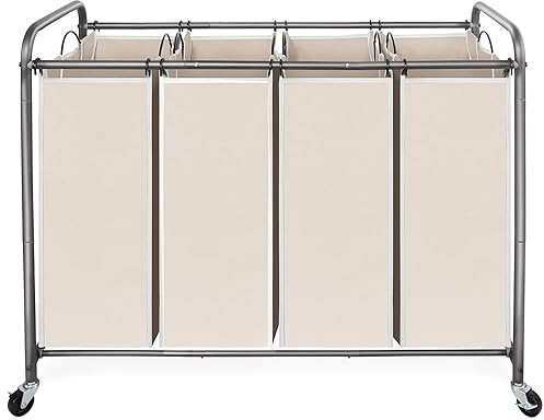 STO STO Laundry Sorter 4 Section, 4 Bag Clothes Hamper, Rolling Laundry Cart Basket with Heavy Duty Lockable Wheels and Removable Bag for Laundry Room, Bedroom, Closet, Beige