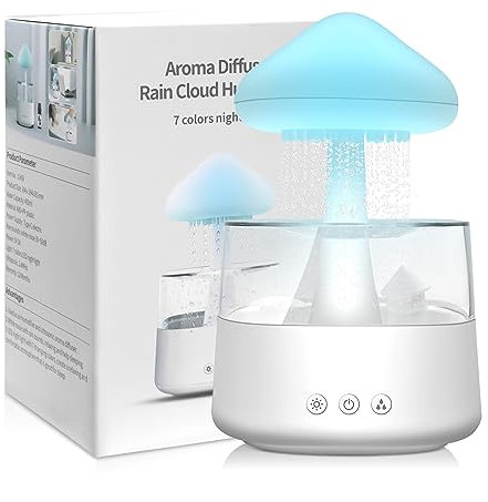 Lampe Pluie Humidificateur d'air 450 ml, Diffuseur huiles essentielles, Rain-Cloud humidificateur avec 7 lumières LED de Couleur, lampe champignon pluie pour Maison, Bureau et Chambre (Blanc)