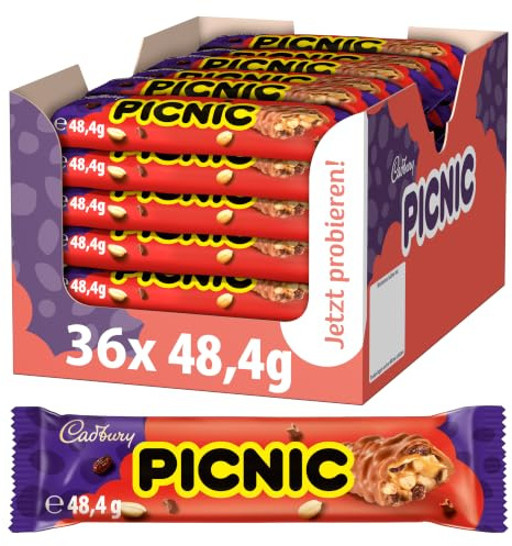 Cadbury PICNIC Schokoladenriegel, 48,4 g (36er-Pack) | Einzeln verpackte Riegel mit Erdnuss-, Karamell- und Rosinenfüllung, perfekt zum Teilen oder für Snacks unterwegs