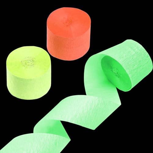 ZYOOO 6 Rolls Fluorescent KreppPapier Streamers,25m Hanging Kreppband Seidenpapier for Neon Party,Hawaiian Party,Birthday Decorations(Fluorescent Green/Yellow/Orange)