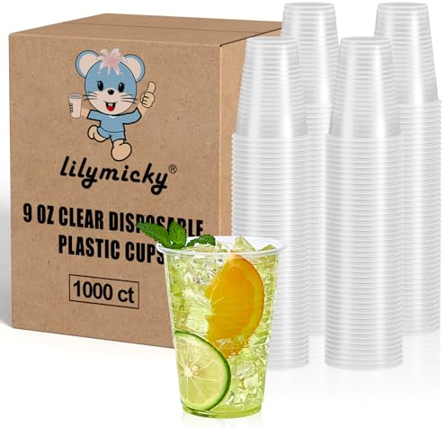 Lilymicky 1000 PACK 9 oz Clear Plastic Cups, 9 Ounce Disposable Drinking Cups for Birthday Parties, Picnics, Ceremonies, and any Events