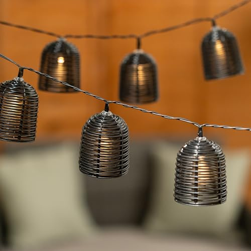 ValueLights | Solar Powered Black String Lights with Wicker Lanterns | Indoor-Outdoor, Home Décor & Improvement Essential | Pack of 10 | Warm White