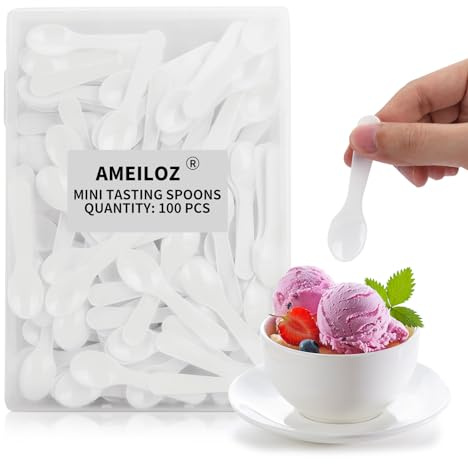 AMEILOZ 100PCS 3 Inch Mini Tasting Spoons Tiny Plastic Taster Spoon for Yogurt Pudding Jello Shots Ice Cream, Extra Little Sample Micro Spoons (White)