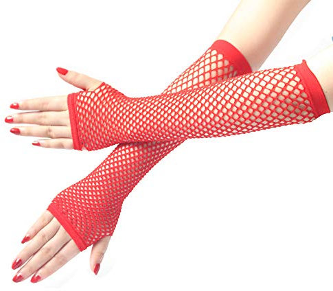 Hrlace 1 Paar Netzhandschuhe Lange Fingerlose Punk-Mesh- Handschuhe,Damen-Stretchhandschuhe Elastisches Netz Vintage Fishnet Gloves für 80er Jahre Kostümparty Halloween Cosplay Zubehör Rot