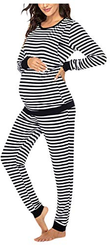 Ensemble t-shirt d'allaitement manches pyjamas de grossesse hauts + pantalon de costume rayé pour femme Ensemble de maternité & costume peignoir femme princesse, Noir , L