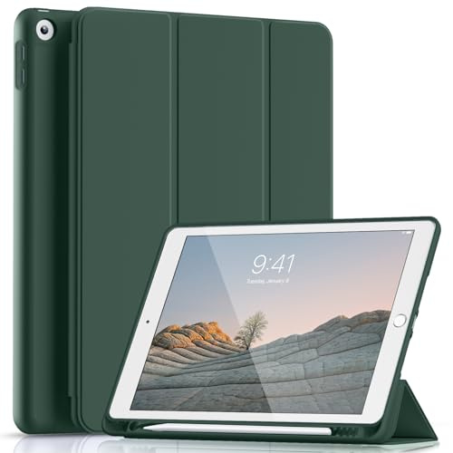 Lsmmpoba Hülle für iPad 9./8./7. Generation 10,2 Zoll, Kieferngrün | Für iPad 10,2 Modell 2021/2020/2019 mit Stifthalter, Schutzhülle aus TPU mit Standfunktion, Auto Schlaf/Wach Funktion
