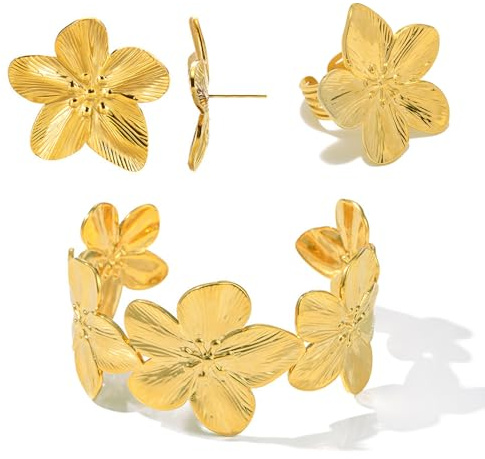 ZENGSING Gold Offener Armreif Damen Armreif Gold Blumen Ringe Ohrstecker Armband Schmuck Set Schmuckset für Damen und Mädchen Geschenke zum Muttertag Geburtstag Weihnachten