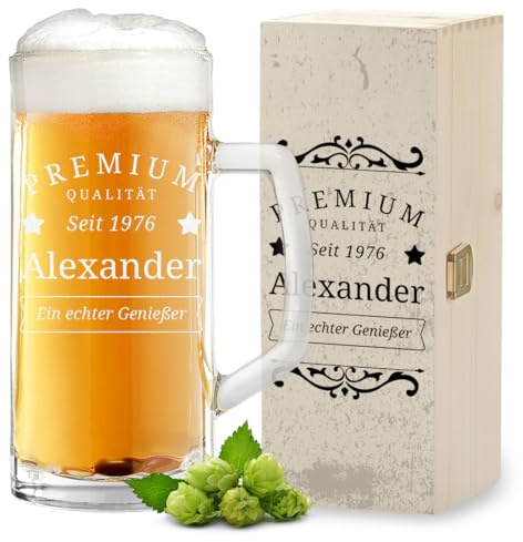 polar-effekt Bierkrug 0,5 L + Holzkiste mit Gravur und Druck personalisiert - Geschenke für Männer - zum Geburtstag - Bierglas für Pils und Weizenbier - BPA-frei