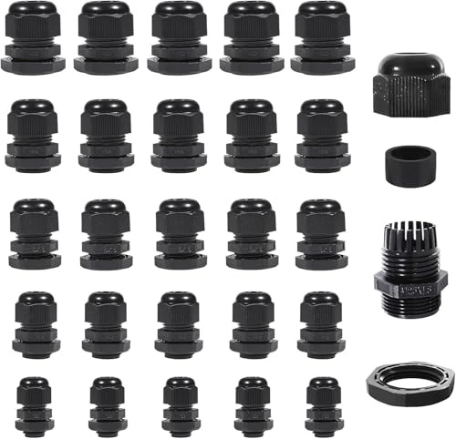 Sheryl&Rain 50 Pcs Waterproof Cable Glands M12, M16, M18, M20, M25, IP68 Adjustable 3-16mm Cable Connectors, Nylon Cable Gland, Wire Connector, Wire Protector (Black)