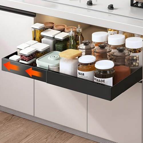 JAOGAUS Teleskopschublade, Ausziehbare Schublade Küche, Erweiterbar Schublade, Küchenschrank Verstellbare Breite (32–52 B x 42 T x 7,5 cmH), Schrank Organizer Ausziehbar, für Küche, Bad, Kein Bohren