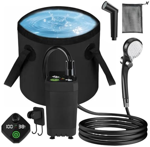 BORDEAG Tragbare Campingdusche, Camping Dusche, mit Pumpe und Temperaturanzeige, mit Duschkopf, 5 Gänge Schaltung, für Garten, Autowaschen, Strand, Reisen, Haustier