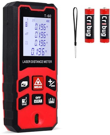 KUUAUX 196Ft/60M Laser Distance Meter, ±1/16 Inch High Accuracy Laser Measurement Tool with Backlit LCD Display, Pythagorean/Area/Volume Calculation Mode, M/in/Ft Units, Bubble Level, Durable Design