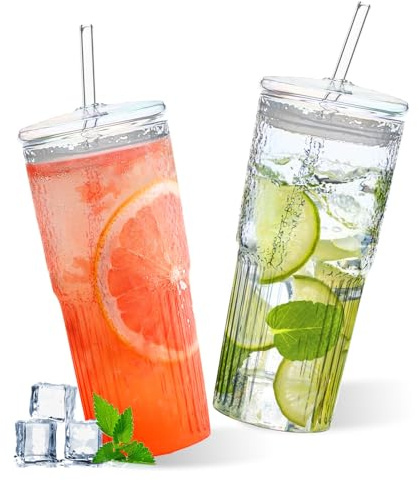 Porfoyo - 2 piezas de vidrio con tapa y pajita (600 ml, vaso de cristal, con paja, tazas de agua, taza de batido, taza de té de burbujas para café helado, jugo, batido, té transparente