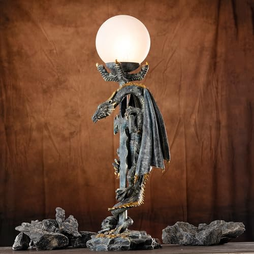 OUTOUR Gothic Dragon Statue Lamp with Sword and Glowing Orb Medieval Mythic Guardian Decor for Home Bedroom