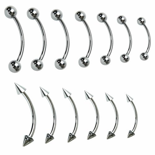 XWYDZ 13 Pcs Eyebrow Piercing Jewellery - Hypoallergenic Steel Body Jewellery Set with Curved Barbell for Belly Lip, 6-14mm Stainless Steel Set (Piercing Starter Kit)