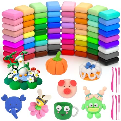 AUAUY 72PZ Argilla da Modellare, Pasta Modellabile Magica Essiccante all'Aria con 6 Utensili, Plastilina Regalo Giochi, Giochi per Bambini e Bambine da 3 Anni, Attività Fai da Te e Arti e Mestieri