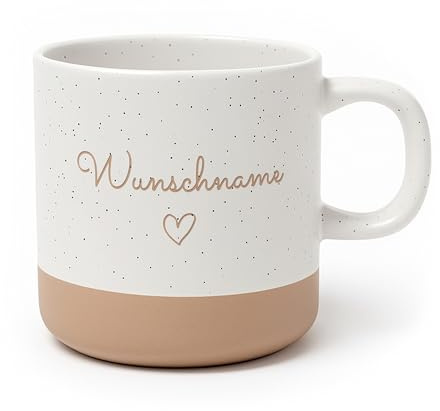 printplanet® Gravierte Keramik Tasse mit dem Layout „Herz“ – mit Namen oder Wunschtext – Weiß-Braun – 360 ml – personalisiert – spülmaschinenfest – Geschenkidee