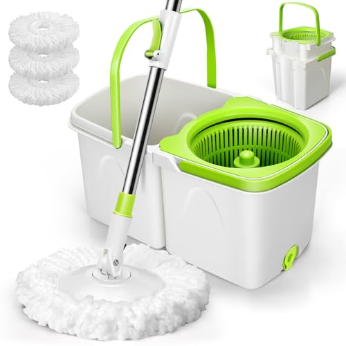 Eukue Balai Serpillère Essoreur avec Seau, Serpillère Microfibre Plat Rotatif 360°avec 3 Serpillères Réutilisables, 2 en 1 Seau Serpillere de Mains Libre pour Nettoyage Tous Types de Sols